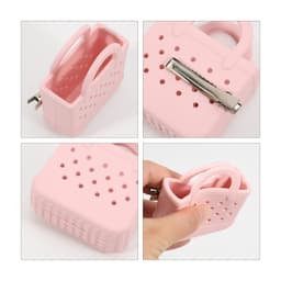 A pink mini EVA bag clip with a textured design and a metal clip, featuring a perforated surface and handle.