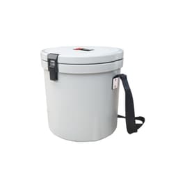 A white 12L ice bucket with a secure lid and a handy black rope handle for easy carrying.