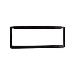 A black plastic licence plate frame with cutouts, featuring a space for a licence plate and a branding logo.