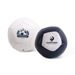 A mini soccer ball featuring white and navy colours with logos on each side.