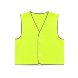 A yellow safety vest featuring reflective trim and a Velcro placket, designed for high visibility.
