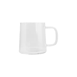 A clear glass mug with a sturdy handle, featuring a simple, modern design.
