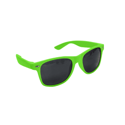 A pair of vibrant green classic sunglasses with dark lenses and a logo on the side.