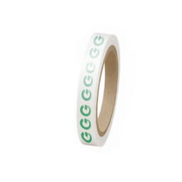 A roll of white BOPP packaging tape featuring a green logo pattern.