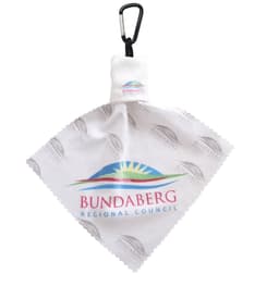 A white microfibre lens cloth with a carabiner, featuring a logo and a sun design.