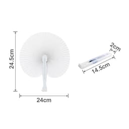A white plastic handle paper fan with a peach shape, measuring 24.5 cm by 24 cm, alongside a transparent packaging.