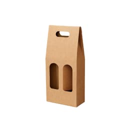 A drink bottle portable wine box made of brown cardboard, featuring two cut-out slots and a handle.
