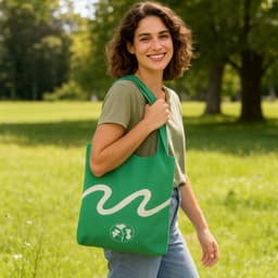 A green large capacity knitted shoulder bag being carried by a smiling person in a grassy park setting.