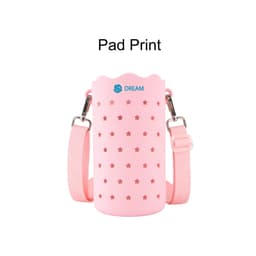 A drink bottle bag in pink silicone with star cut-outs and a shoulder strap, featuring a logo.