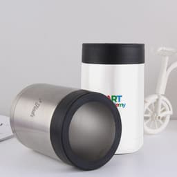 A 14oz stainless steel stubby holder in silver and white, featuring a black lid and a logo.