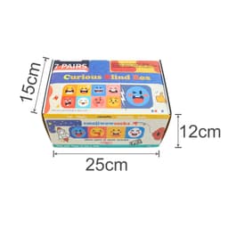A custom multi-compartment blind box in vibrant colours with various fun emoji designs, featuring a logo on its side.