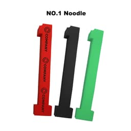 Three drink stirrers in red, black, and green, shaped like the number one, with subtle branding.