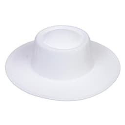 A white flat top felt fedora hat with a wide brim and a rounded crown. The hat features a logo.