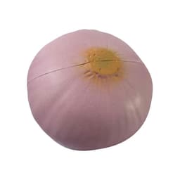 A purple onion-shaped stress reliever, featuring a smooth surface with a slight yellow centre. It has a logo on it.