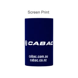 A stubby holder in navy blue featuring a logo and designed for drinkware.