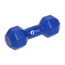 A blue dumbbell-shaped stress reliever with a logo, designed in a fun and playful style.