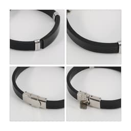 A custom leather bracelet in black with metallic clasp details, featuring a sleek and modern design.