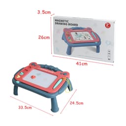 A magnetic drawing board with a stand in red and blue, featuring a drawing surface and various shapes. Includes packaging.