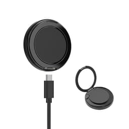 A black magnetic wireless charge stand with a USB cable, compact and circular in shape. Contains a logo.