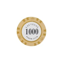 A round clay poker chip in gold and white, featuring a central denomination of 1000 and branding elements.