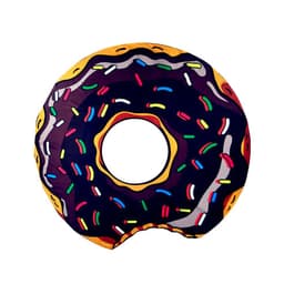 A custom-shaped beach towel in the design of a colourful doughnut, featuring sprinkles and a hole in the centre.