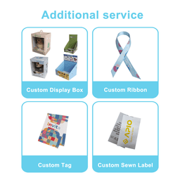 A collection of custom packaging options including display boxes, ribbons, tags, and sewn labels in various colours.