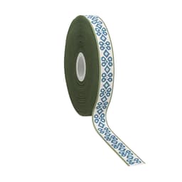 A roll of satin polyester ribbon featuring a geometric pattern in blue on a cream background, with a green core.