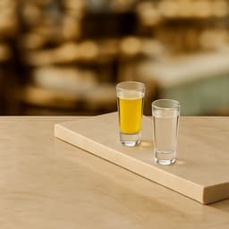 A set of six transparent 60ml shot glasses displayed on a light-coloured surface, featuring a yellow drink and a clear drink.