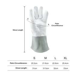 Heat resistant gloves in grey and white, featuring a palm circumference measurement and sizes: S, M, L, XL.