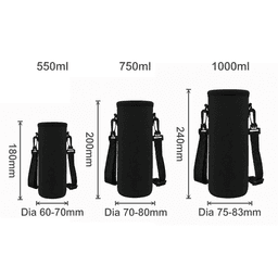 A drink bottle carrier in black, designed for various bottle sizes with adjustable straps and a logo.