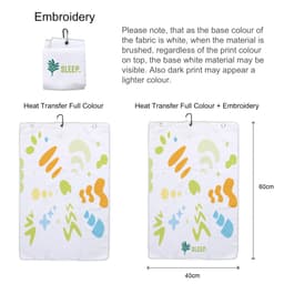 A white golf towel featuring colourful foot and wave designs, with a hook for easy attachment.