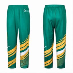 Unisex adult sports pants in green with yellow and white patterns, featuring a logo on the front.
