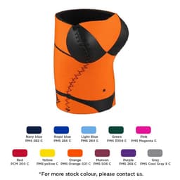 A drink bottle holder in orange with black accents, featuring a bikini design and stitching. Includes a logo.