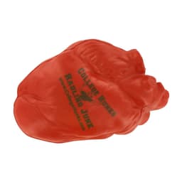 A red heart-shaped stress reliever featuring a logo, designed as a fun keyring item.