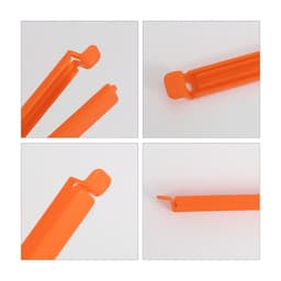 An orange large food bag seal clip displayed from multiple angles, featuring a simple, functional design and a branding logo.