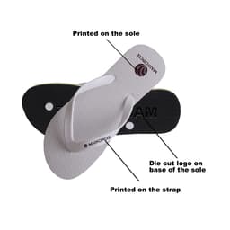A pair of white rubber thongs with a textured sole and strap, featuring a die cut logo.