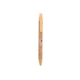 An eco-friendly cork pen in brown with a clip and branding on the side.