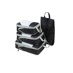 Three black packing cubes with grey accents and a black pouch, featuring handles for easy carrying.