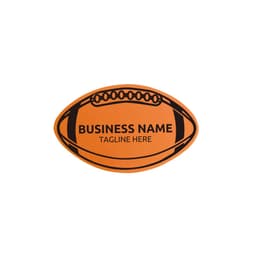 An orange foam mitt shaped like a rugby ball, featuring a black outline and a logo.