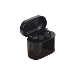 A black luxury cube case with true wireless earbuds inside, featuring a sleek design and a subtle logo.
