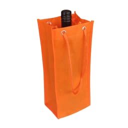 An orange non-woven single bottle bag with a rope handle, containing a drink bottle and featuring a logo.