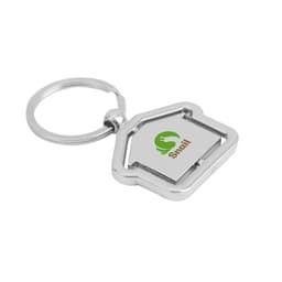 A silver metal keyring shaped like a house with a keychain loop and a logo.