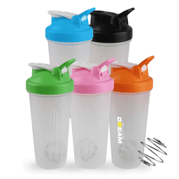 A drink bottle set featuring five BPA-free shaker bottles in black, blue, green, pink, and orange, with a metal whisk ball.