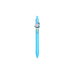 A blue acrylic pen featuring a cute milk carton clip and a logo on the barrel.