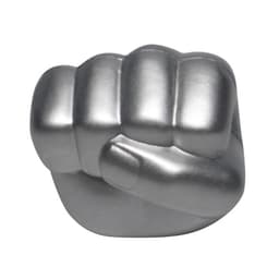 A silver clenched fist shaped stress reliever with a smooth finish, designed for stress relief.