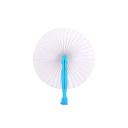 A round plastic paper fan with a blue handle and white fan blades, featuring a pleated design.