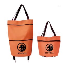 An orange 2 in 1 collapsible shopping trolley bag with dark straps and a logo. The bag is displayed in two sizes.