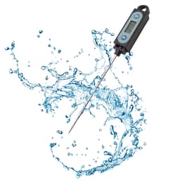 A digital meat thermometer with a long stainless steel probe, featuring a black casing and a splash of water.
