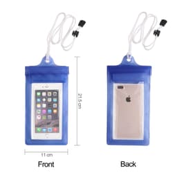 A waterproof phone bag in blue, featuring a neck string, showing both front and back views with an inserted phone.