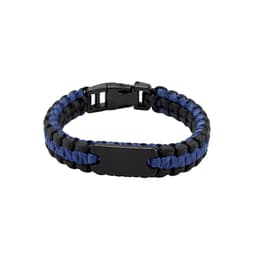 A paracord bracelet in blue and black, featuring a black metal plate and a secure clasp.